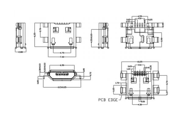 SMD Micro-USB розетка, Tип B, с упорами под запайку в отверстия, MRUSBS-05T